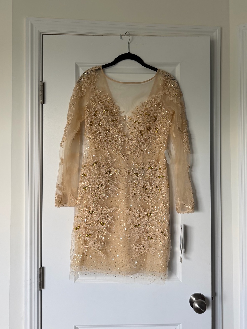 Basix Black Label Champagne Beaded Long Sleeve Cocktail Dress